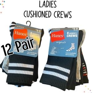 Hanes Ladies Cushioned Crew Socks - Black/White (12 Pair)